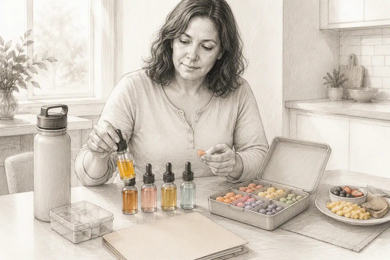 Woman sorting bariatric vitamins beside water bottle