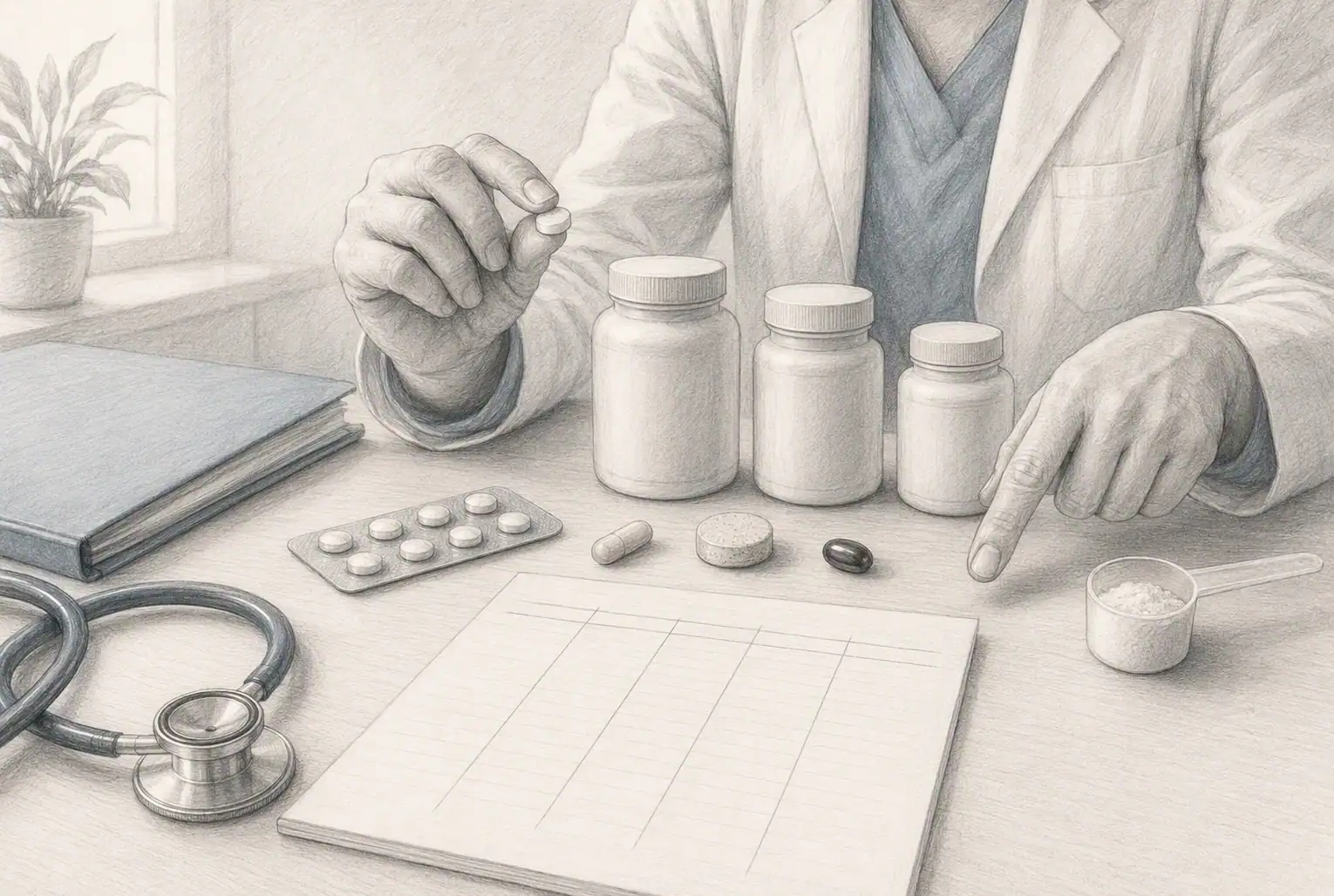 Pencil sketch of vitamin bottles beside a comparison chart